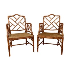 Pair of Vintage Faux Bamboo Chinese Chippendale Arm Chairs