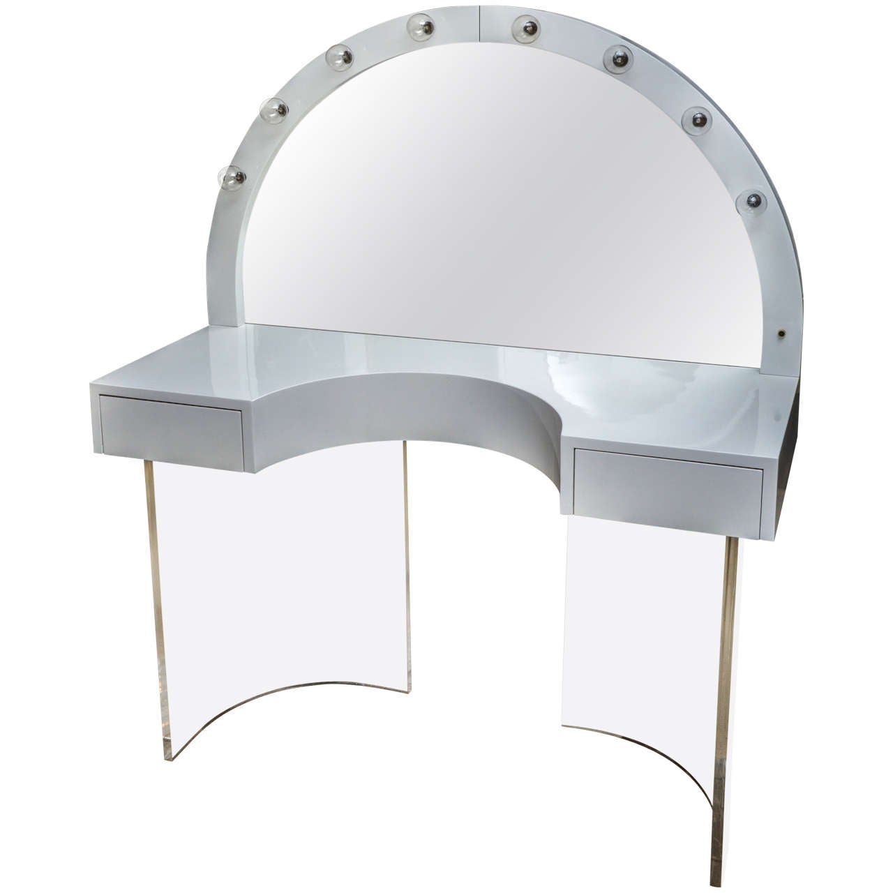 Attractive Vintage White Lacquer Vanity with Attached White Lacquer Mirror