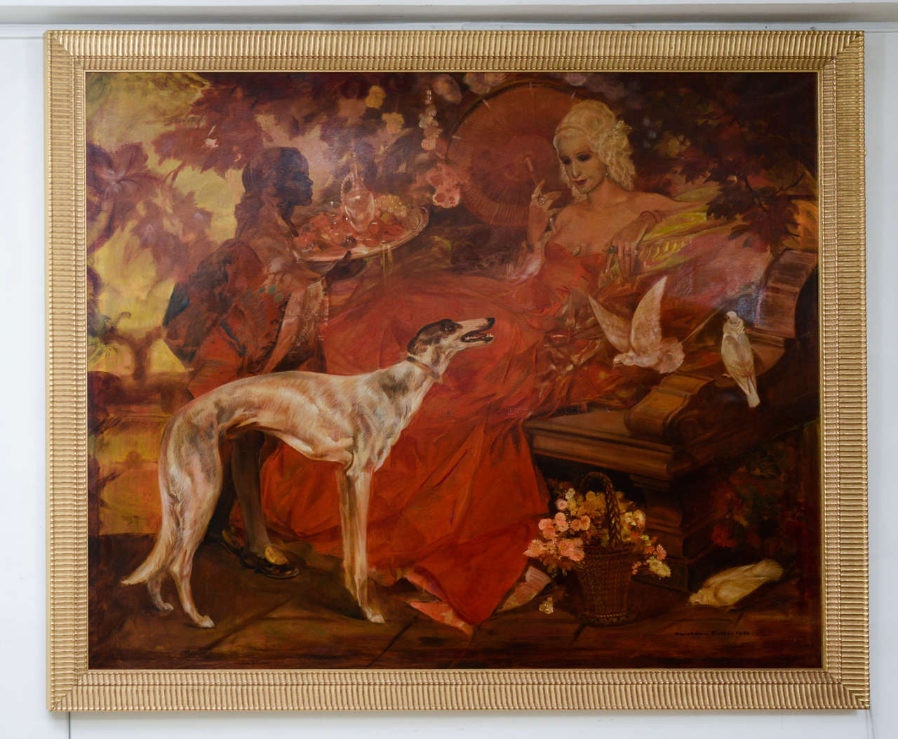 Very rare painting of a high society lady signed Karen Van Belle and dated.
1936.
Wearing a pink evening dress the woman is having a drink in a luxurious garden. 
With a dog.
Oil on a wood panel.
The gilded wood frame is new.