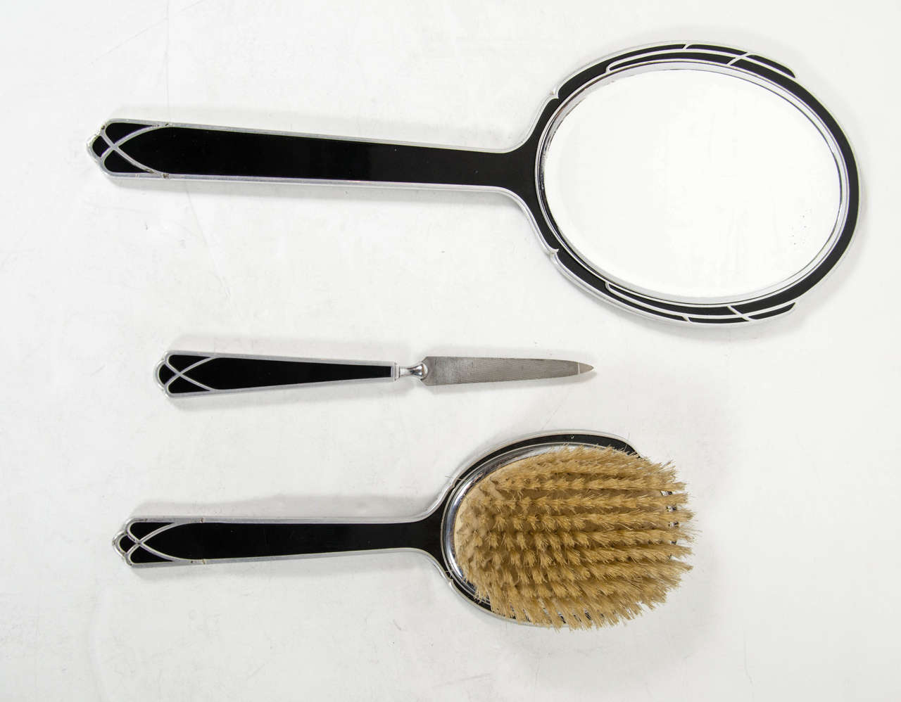 Glamorous Art Deco Dresser Set In Black Enamel and Silver Detailing