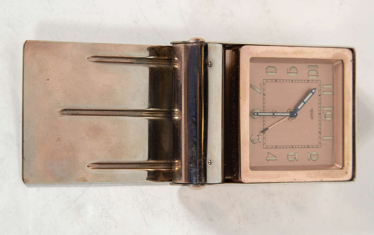 Swiss Art Deco Rose Gold Table or Travel Alarm Clock