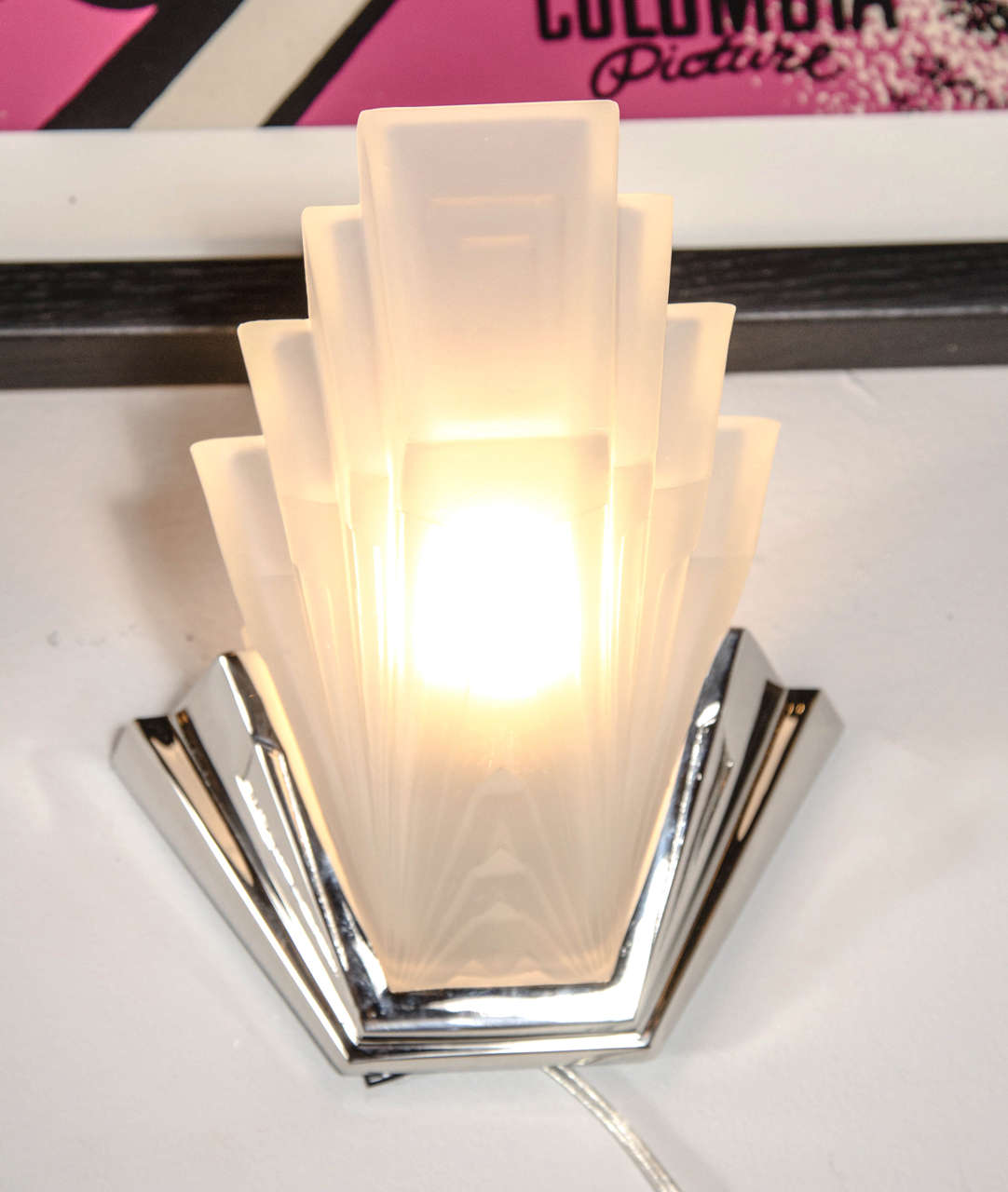 Pair of Art Deco Skyscraper Style Sconces in Nickeled Bronze and Frosted Glass 1