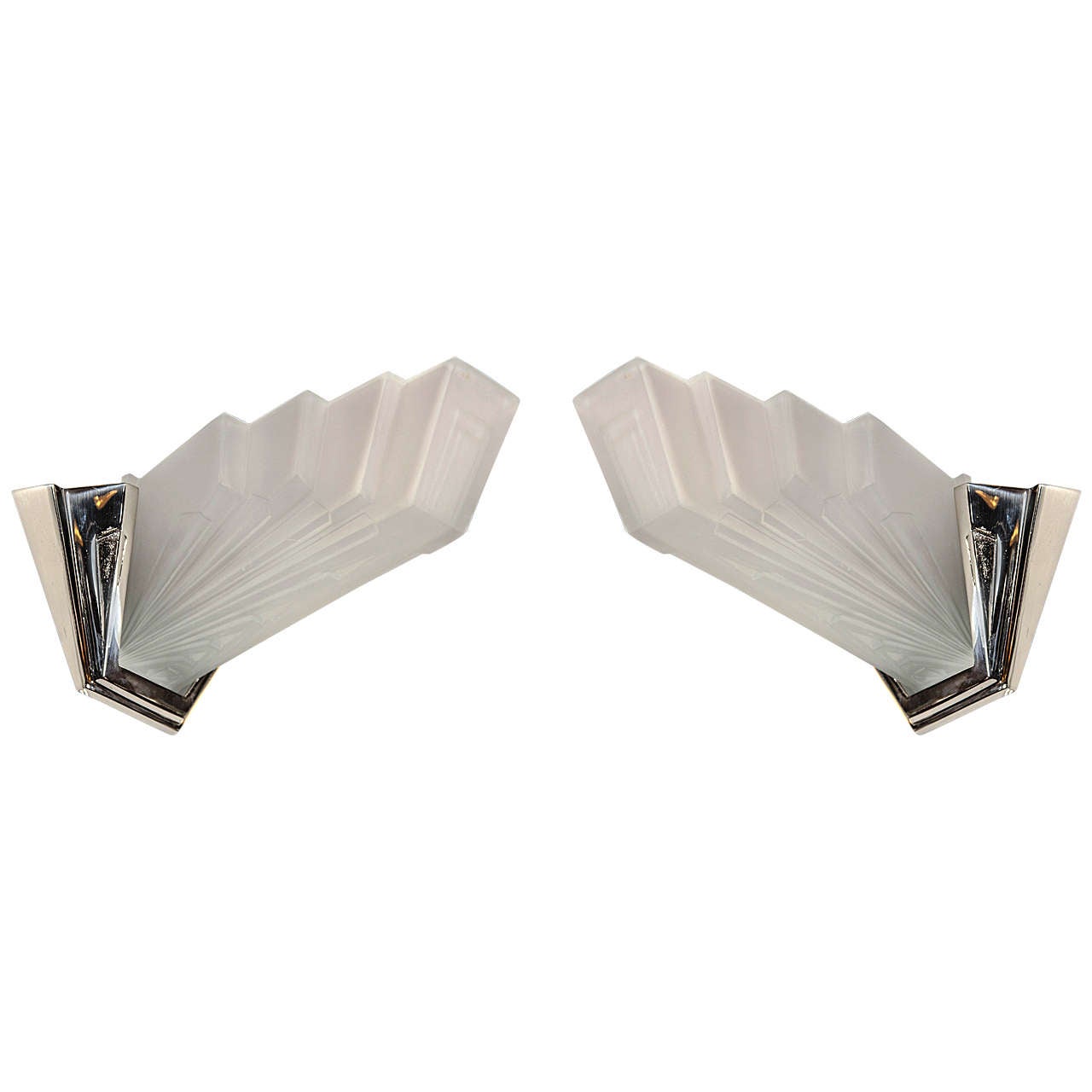 Pair of Art Deco Skyscraper Style Sconces in Nickeled Bronze and Frosted Glass