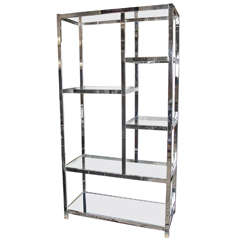 Modernist Chromed Étagère with Mirror and Glass Shelves by Milo Baughman