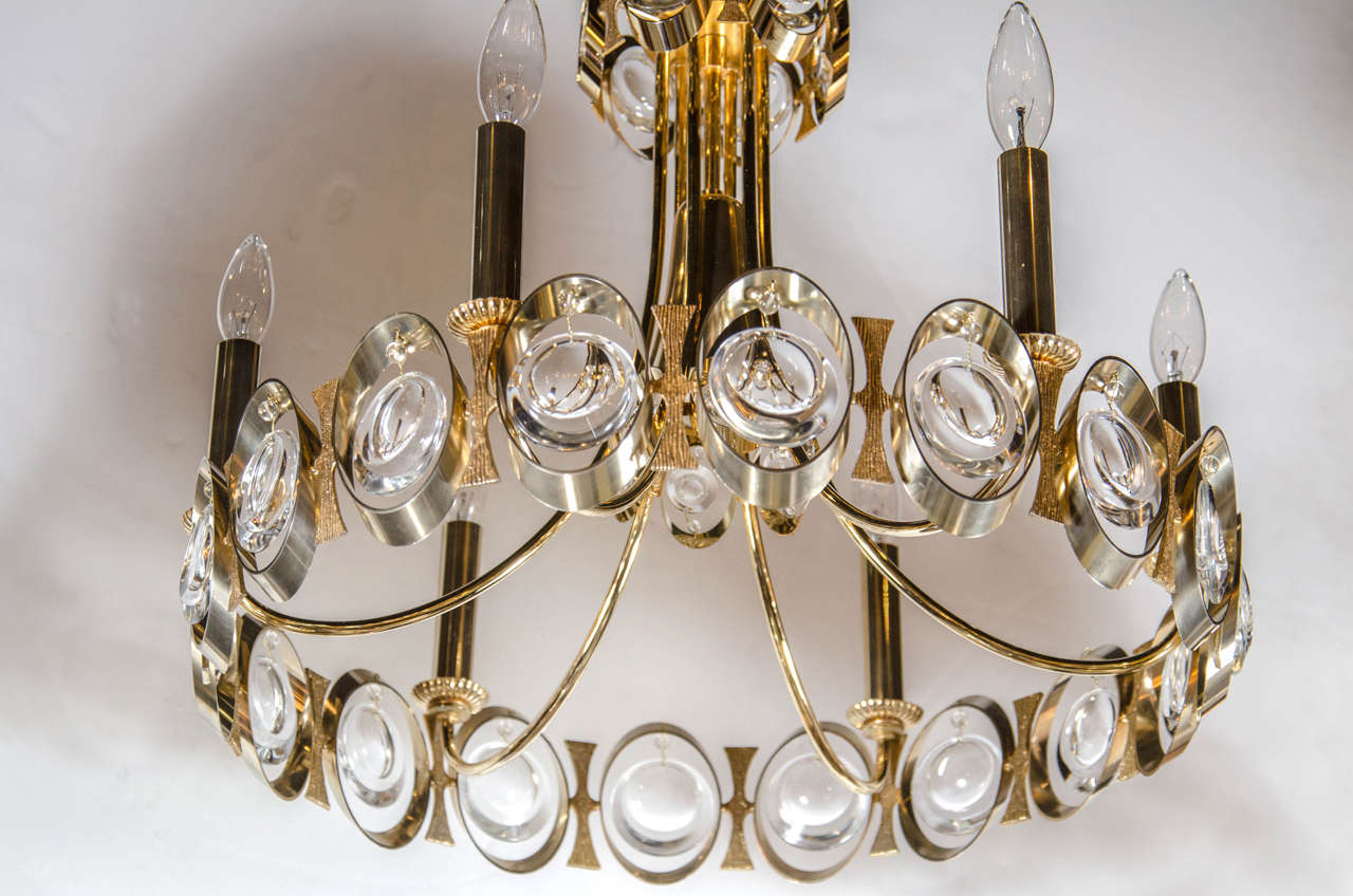 German Mid-Century Modernist Chandelier by Palwa in Brass with Crystal Adornments