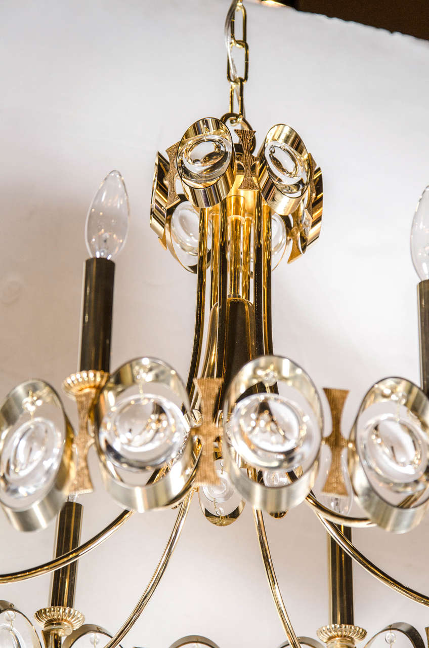 Mid-Century Modernist Chandelier by Palwa in Brass with Crystal Adornments In Excellent Condition In New York, NY