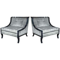 Pair of Mid-Century Slipper Chairs in Ebonized Walnut and Smoked Platinum Velvet