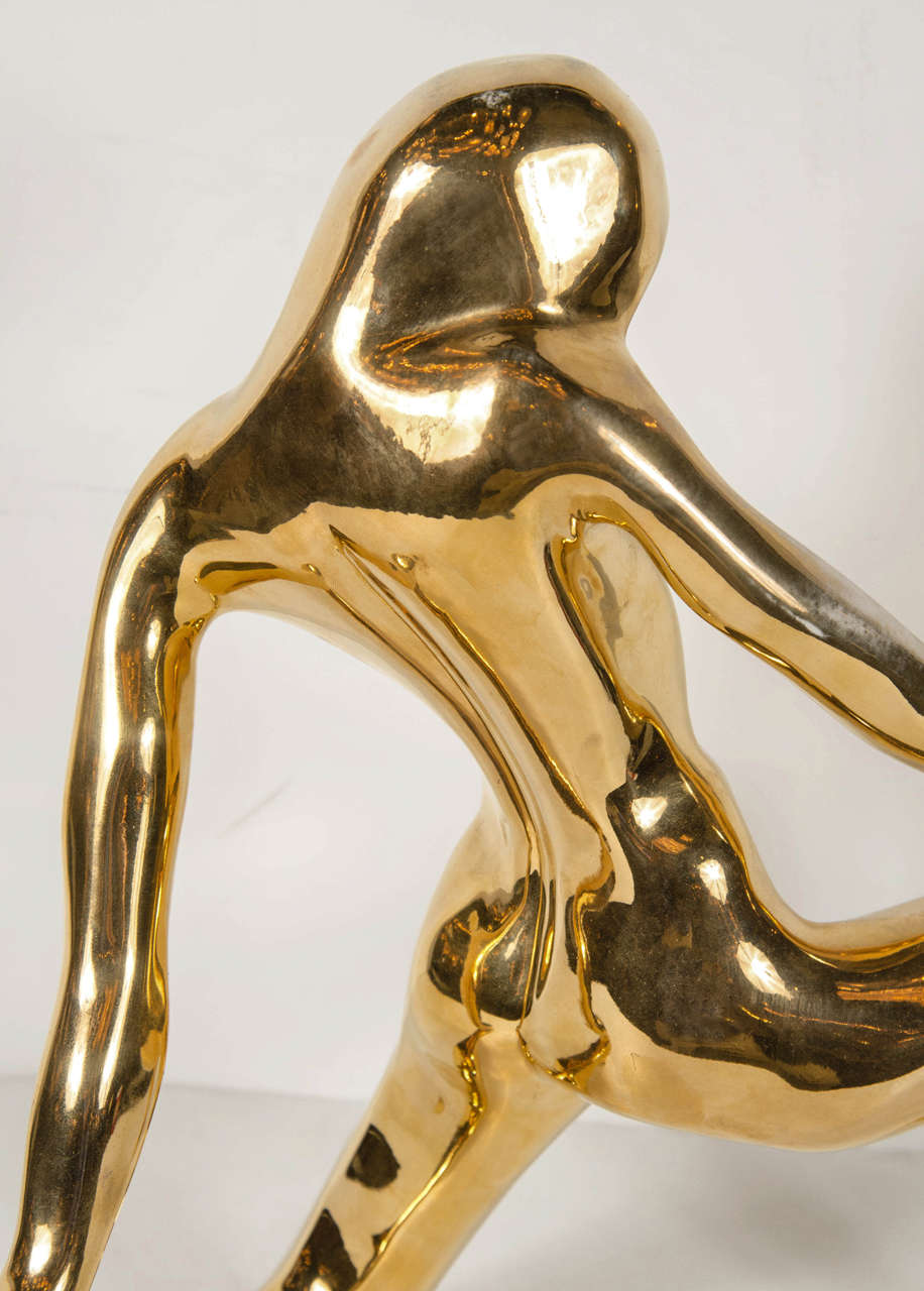 Modernist Ceramic Gold Plated Kneeling Abstract Woman Sculpture by Jaru In Excellent Condition In New York, NY