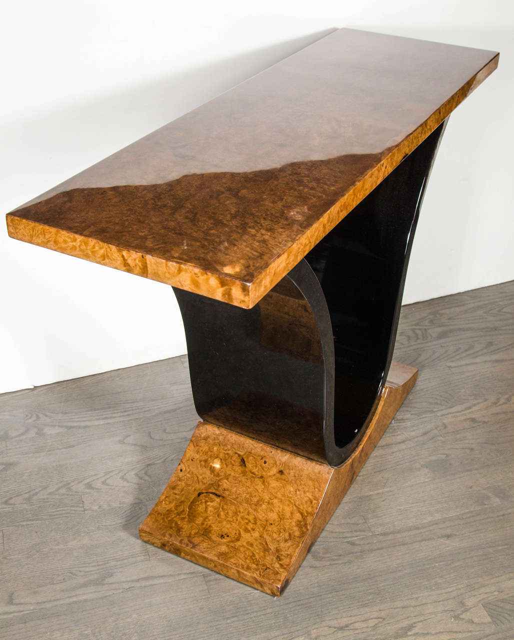 Art Deco Scroll Form Console Table in Burled Carpathian Elm and Black Lacquer