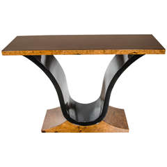 Art Deco Scroll Form Console Table in Burled Carpathian Elm and Black Lacquer
