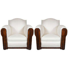 Magnificent Pair of Art Deco Cubist-Style Club Chairs with Macassar Detailing