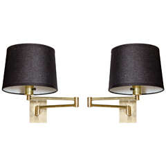 Pair of Chic Mid-Century Modernist Brass Swing-Arm Sconces Signed by Hansen