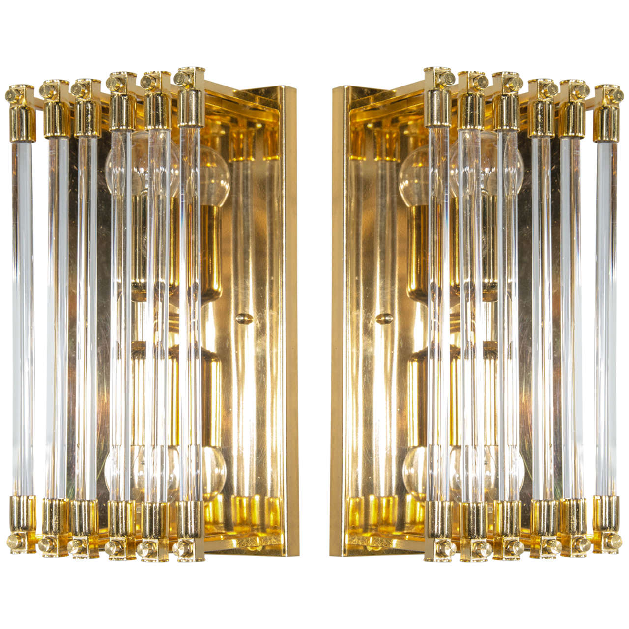 Pair of Mid-Century Modernist Brass and Glass Rod Sconces