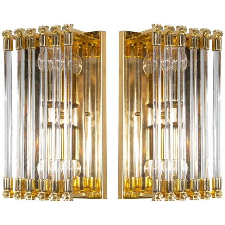 Pair of Mid-Century Modernist Brass and Glass Rod Sconces For Sale