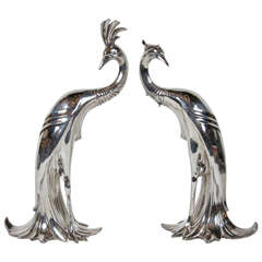 Gorgeous Pair of Art Deco Silver-Plate Peacock Sculptures