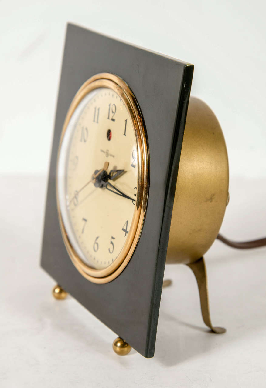 Mid-20th Century Art Deco Streamlined Vitrolite & Brass Clock by General Electric