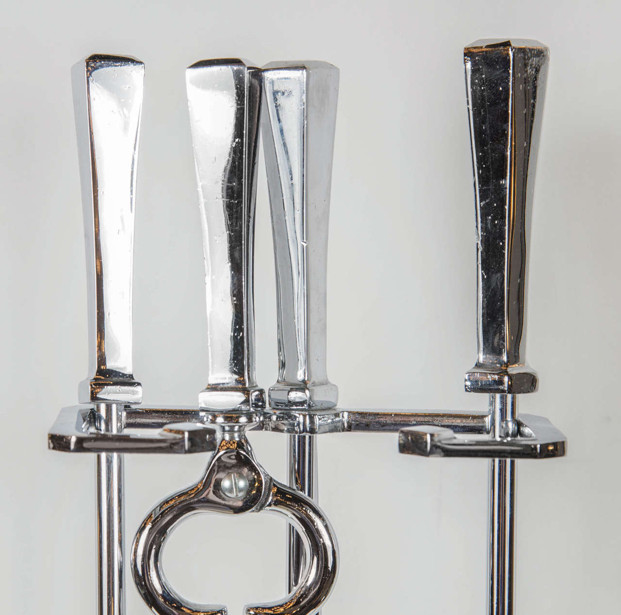 American Sophisticated Mid-Century Modernist Chrome Four-Piece Fire Tool Set