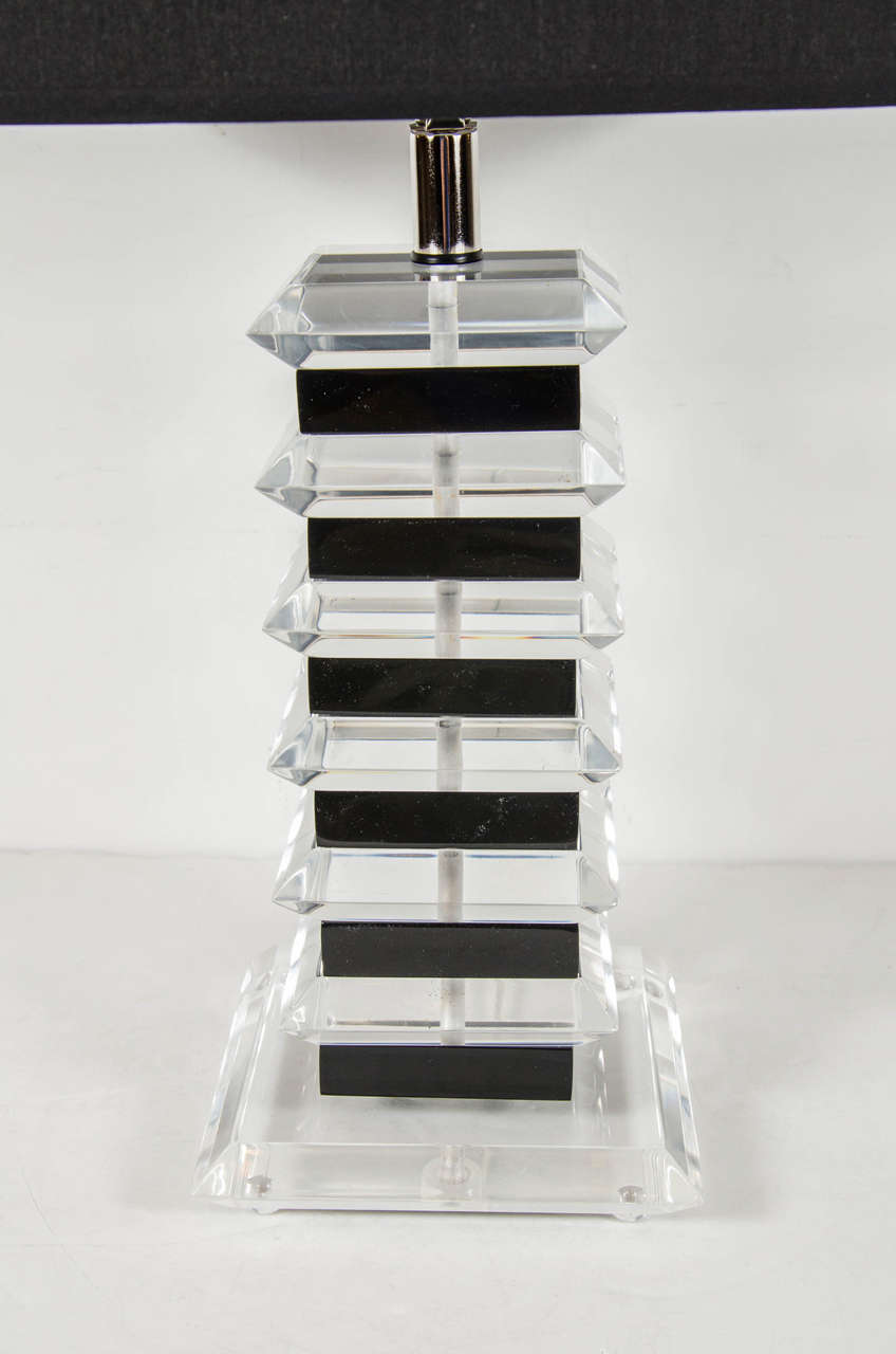 Mid-Century Modern Pair of Mid-Century Stacked Black and Clear Lucite Table Lamps