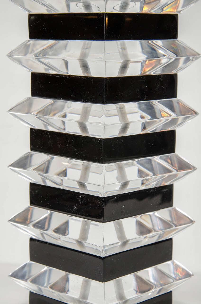Pair of Mid-Century Stacked Black and Clear Lucite Table Lamps 1