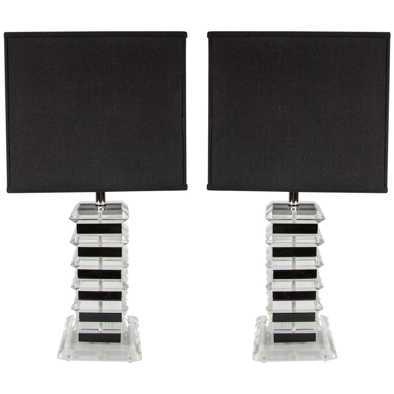 Pair of Mid-Century Stacked Black and Clear Lucite Table Lamps