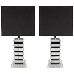 Pair of Mid-Century Stacked Black and Clear Lucite Table Lamps