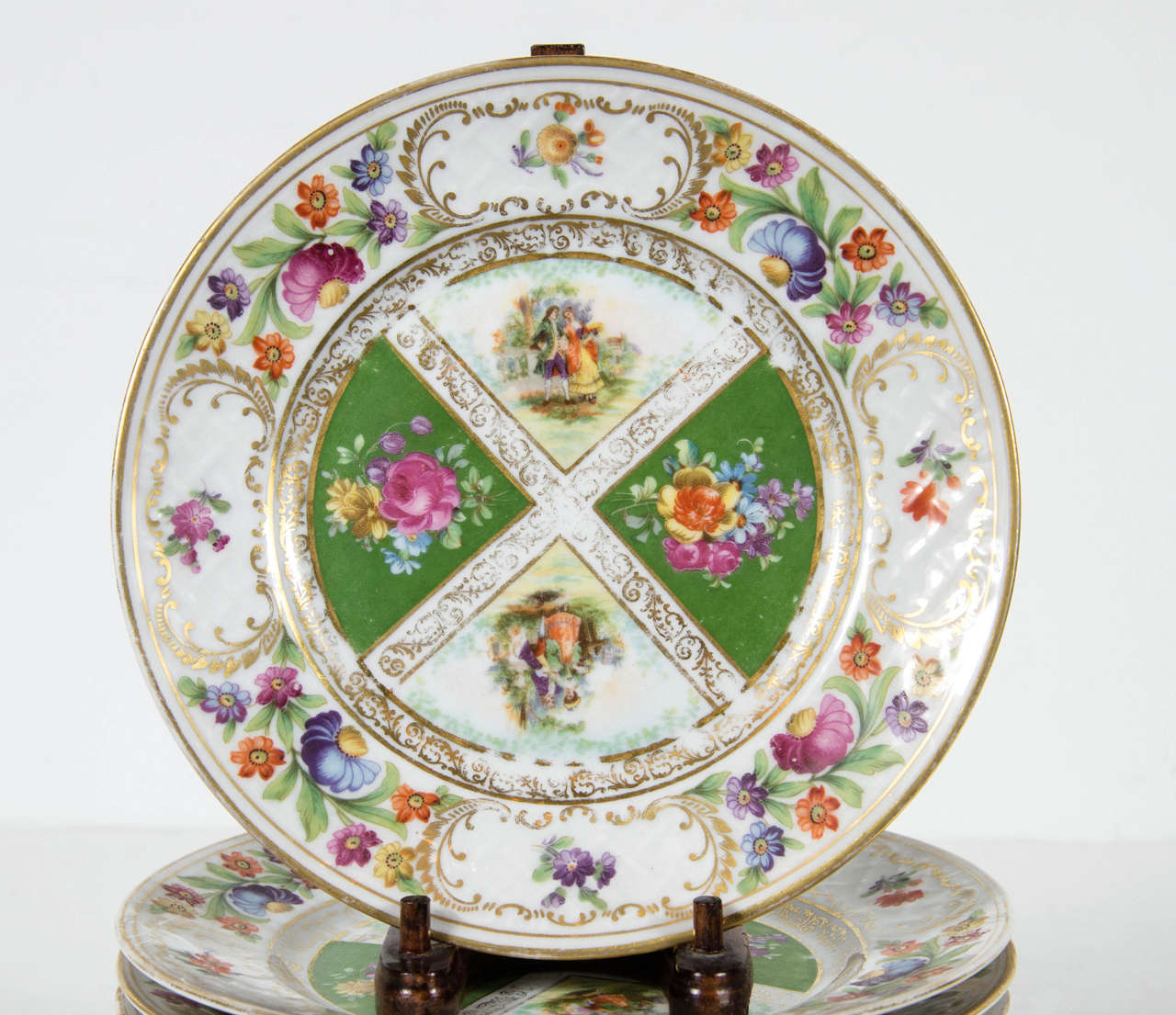Rococo Excetional Set of 8 Antique Desert Plates by Schumann Dresdener Art