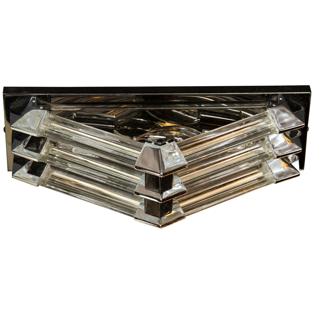 Mid-Century Modernist Gunmetal and Glass Rod Angular Flush Mount Chandelier