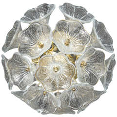 Mid-Century Modernist Flush Mount Chandelier with Murano Glass Floral Shades