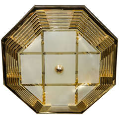 Mid-Century Modernist Octagonal Brass and Glass Rod Flush Mount Chandelier
