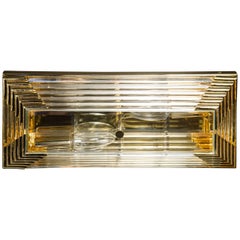 Mid-Century Modernist Rectilinear Brass and Glass Rod Flush Mount Chandelier