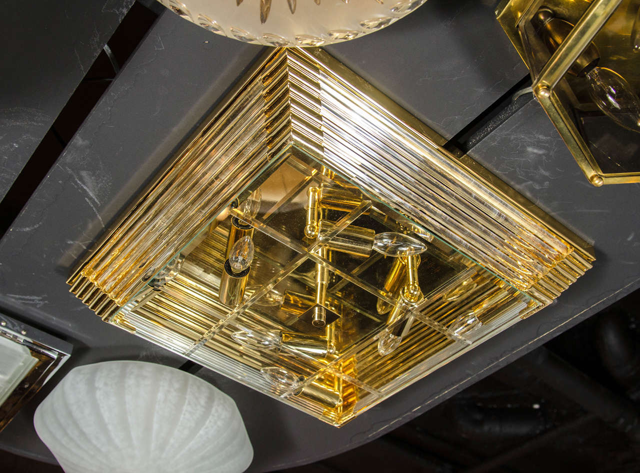 Late 20th Century Mid-Century Modernist Brass and Glass Rod Square Flush Mount Chandelier For Sale
