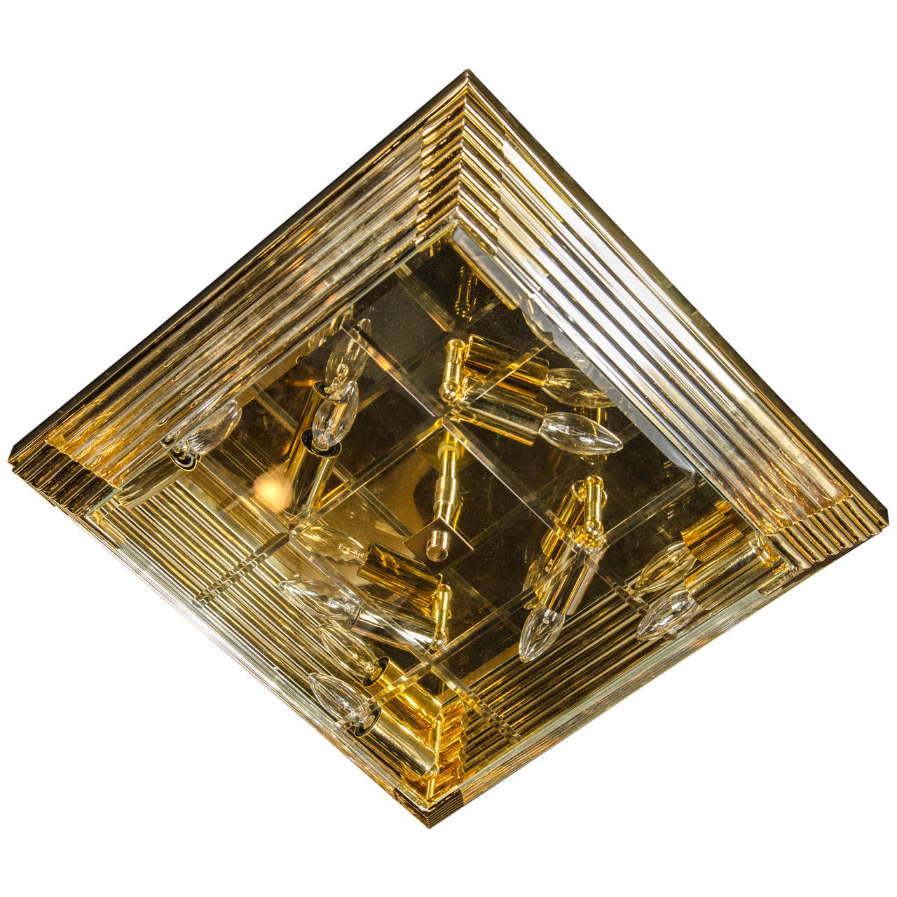 Mid-Century Modernist Brass and Glass Rod Square Flush Mount Chandelier For Sale