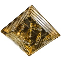 Mid-Century Modernist Brass and Glass Rod Square Flush Mount Chandelier