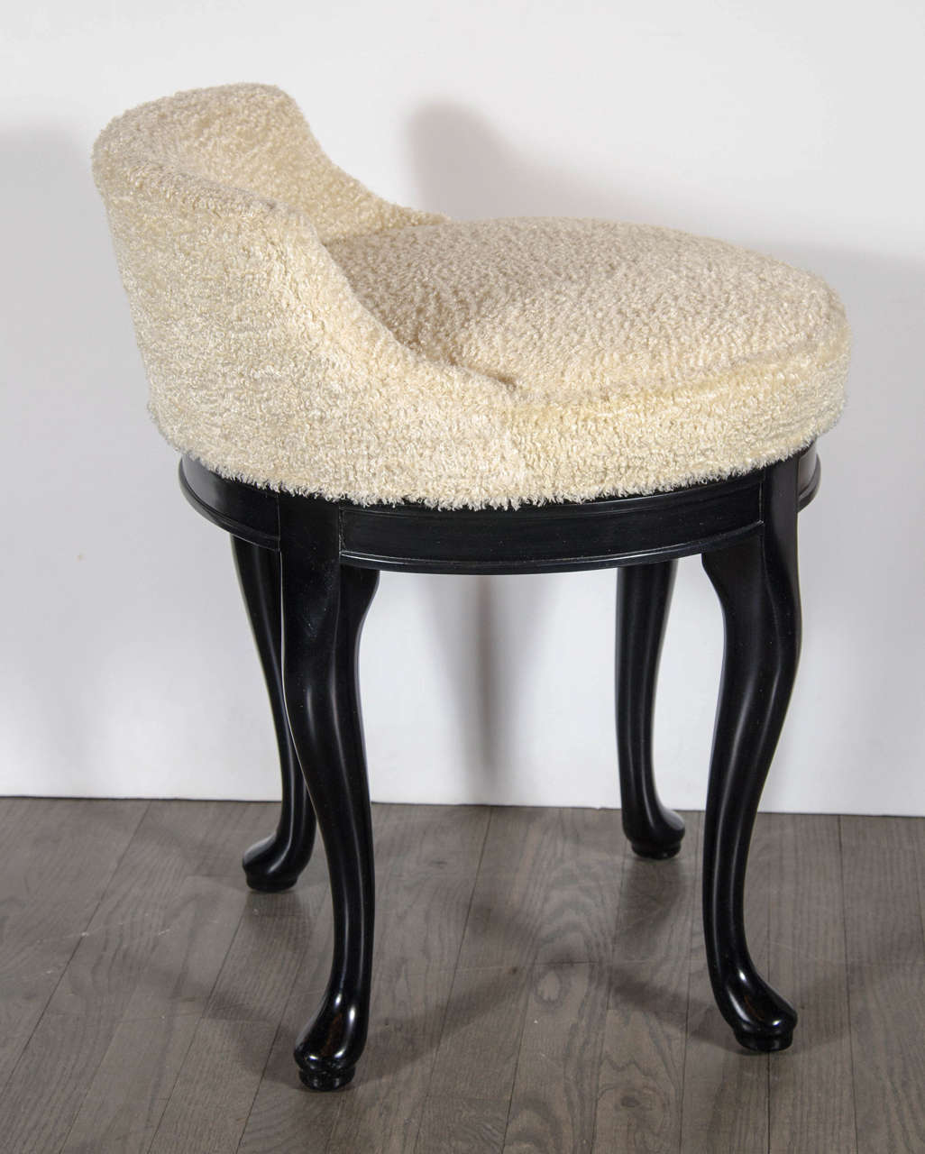 1940s Hollywood Swivel Vanity Stool in Faux Lambs Wool and Ebonized Walnut In Excellent Condition In New York, NY
