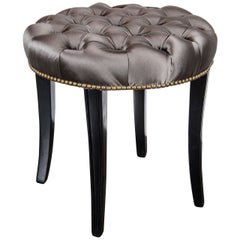 1940s Hollywood Style Tufted Stool in Platinum Silk and Sabre Leg