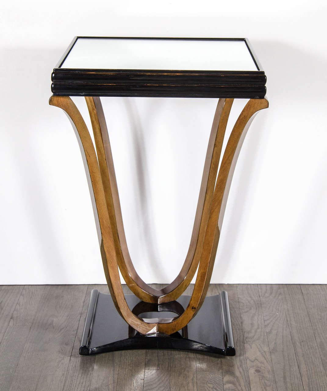 Pair of Art Deco Scroll Form Side Tables in Walnut, Black Lacquer and Mirror