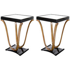 Pair of Art Deco Scroll Form Side Tables in Walnut, Black Lacquer and Mirror