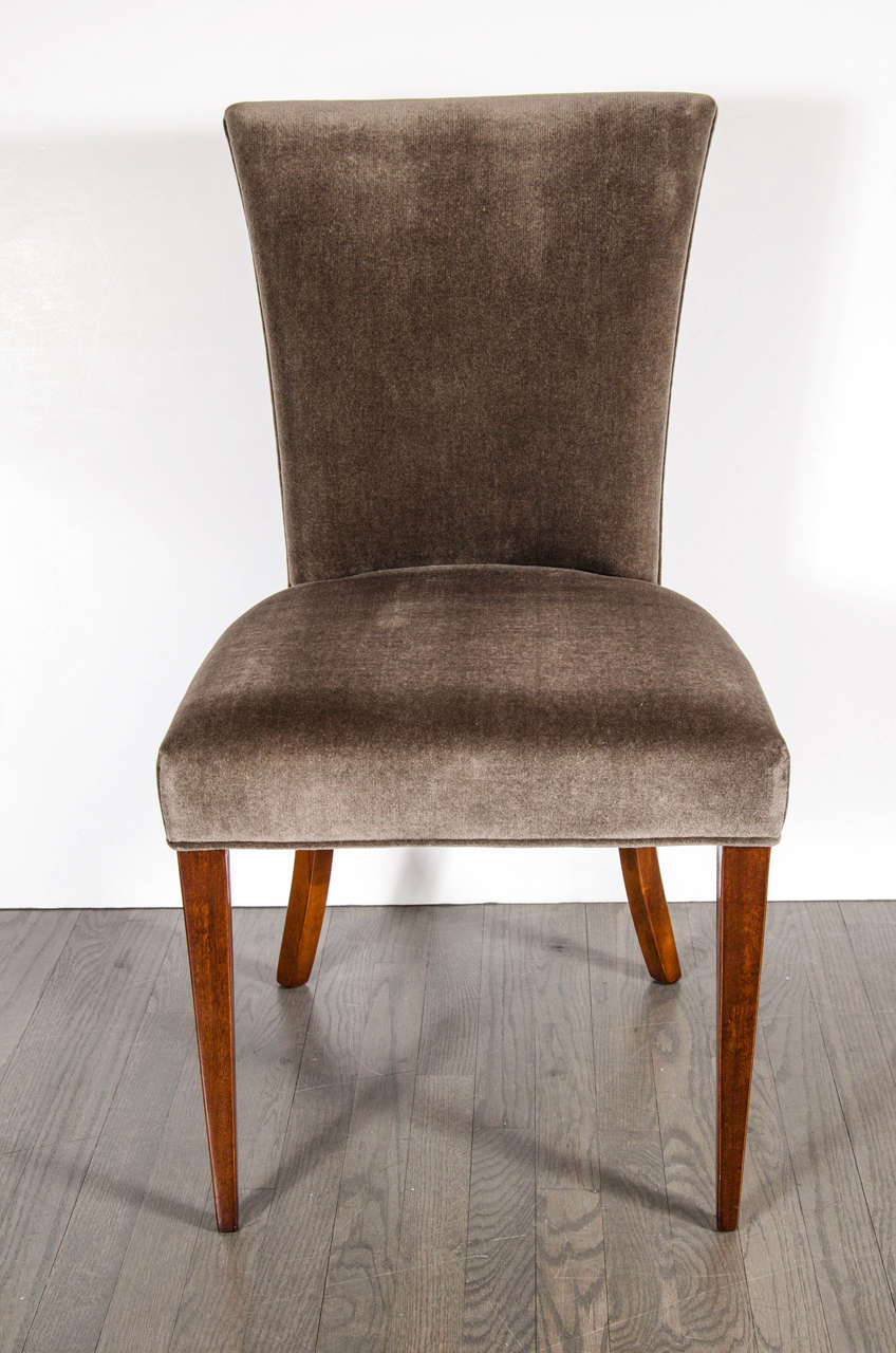 Fine Art Deco occasional or desk chair in tobacco brown mohair with splayed taper legs in mahogany. Restored to mint condition.