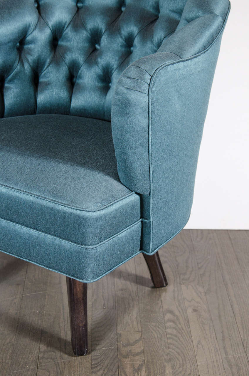 American Pair of Mid-Century Modernist Tufted Back Swivel Chairs in Teal Upholstery