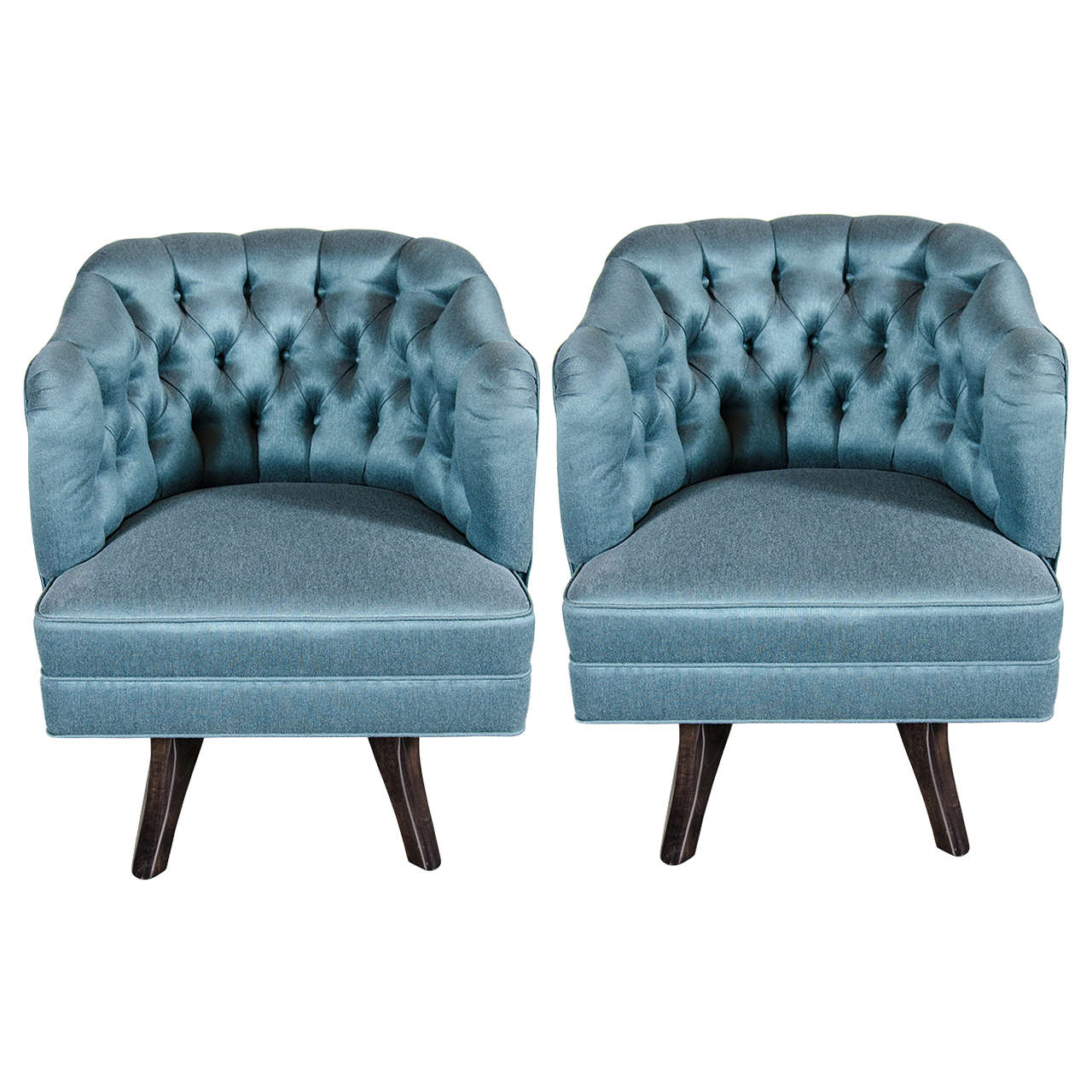 Pair of Mid-Century Modernist Tufted Back Swivel Chairs in Teal Upholstery