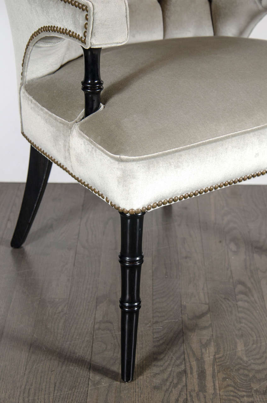 Ebonized Pair of Mid-Century Modern Tufted Klismos Chairs with Stylized Bamboo Legs