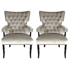 Pair of Mid-Century Modern Tufted Klismos Chairs with Stylized Bamboo Legs