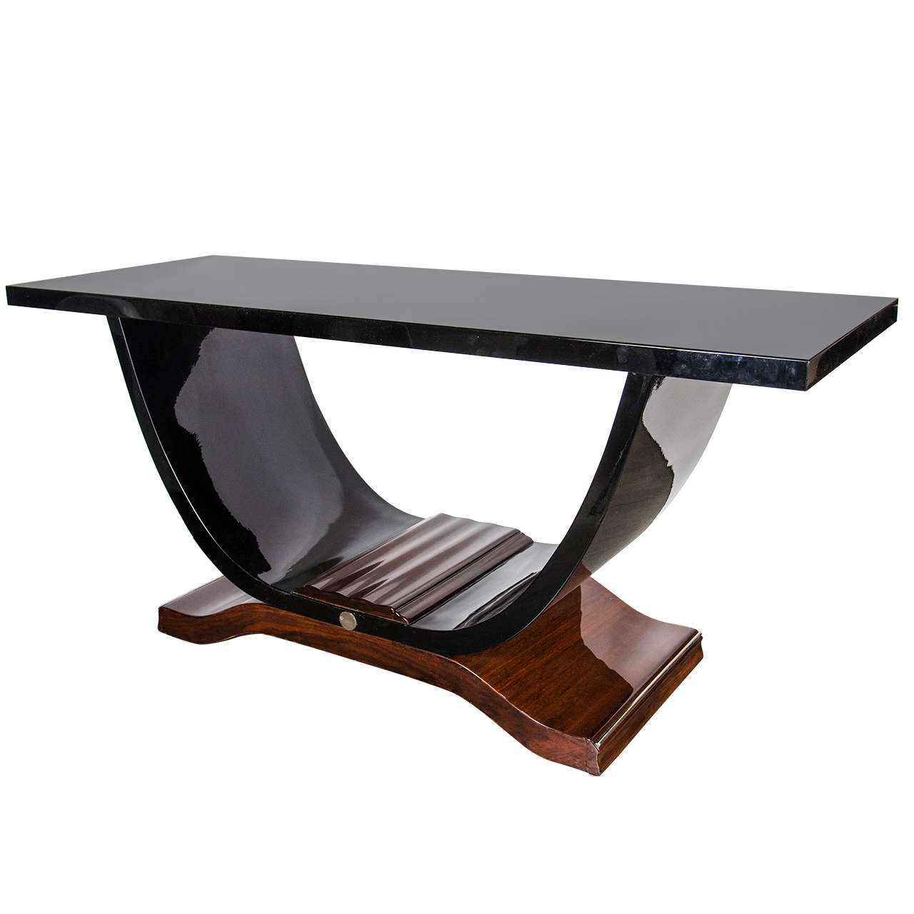 Art Deco Console Table in the Manner of Ruhlmann in Black Lacquer and Rosewood