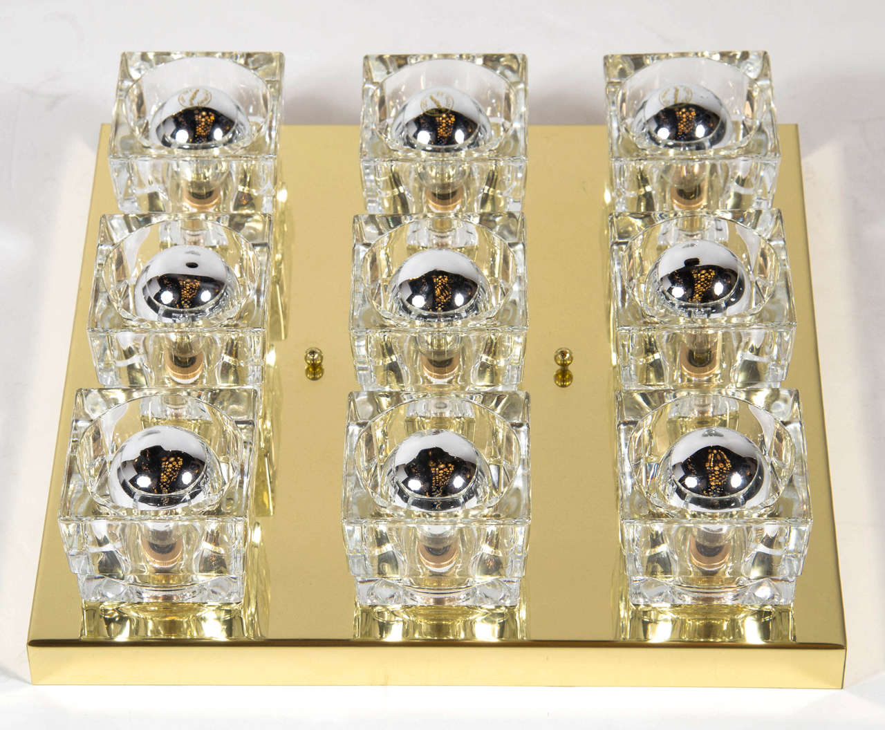 Mid-Century Modernist Glass Cube Flush Mount Chandelier by Sciolari in Brass