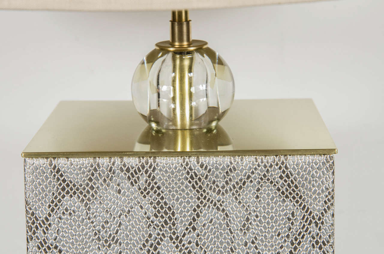 Pair of Ultra Chic Mid-Century Modernist Table Lamps in Faux Python and Brass 1