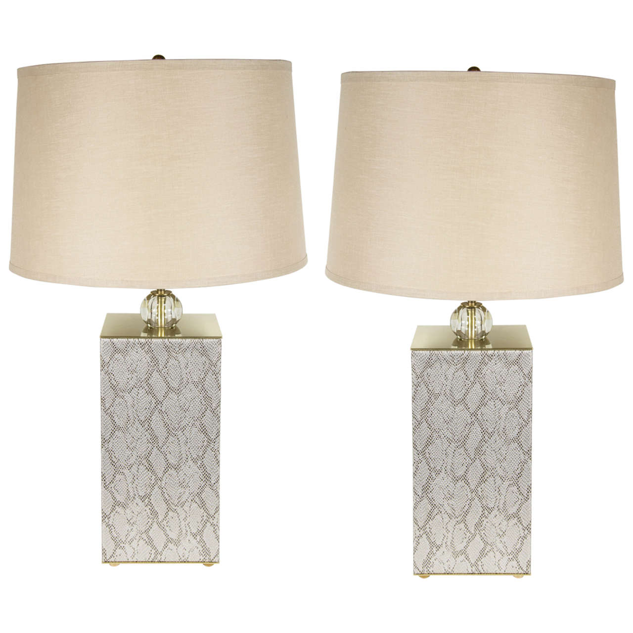 Pair of Ultra Chic Mid-Century Modernist Table Lamps in Faux Python and Brass