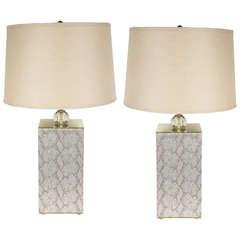 Pair of Ultra Chic Mid-Century Modernist Table Lamps in Faux Python and Brass
