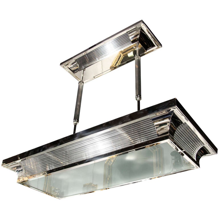 Magnificent Art Deco Nickel and Glass Rod Chandelier in the Manner of