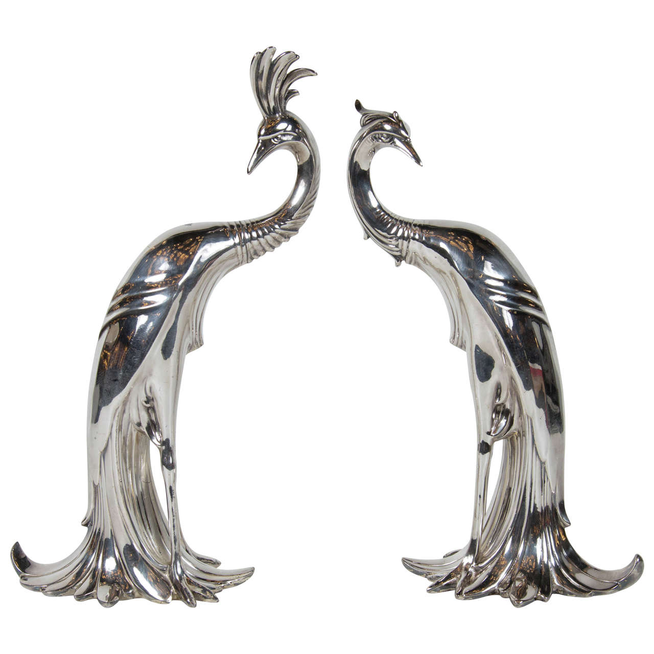 Pair of Art Deco SilverPlate Peacock Sculptures at 1stDibs