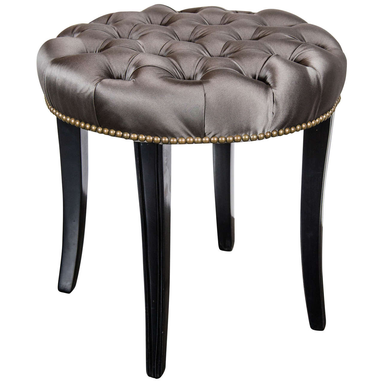 1940s Hollywood Style Tufted Stool in Platinum Silk and Sabre Leg at
